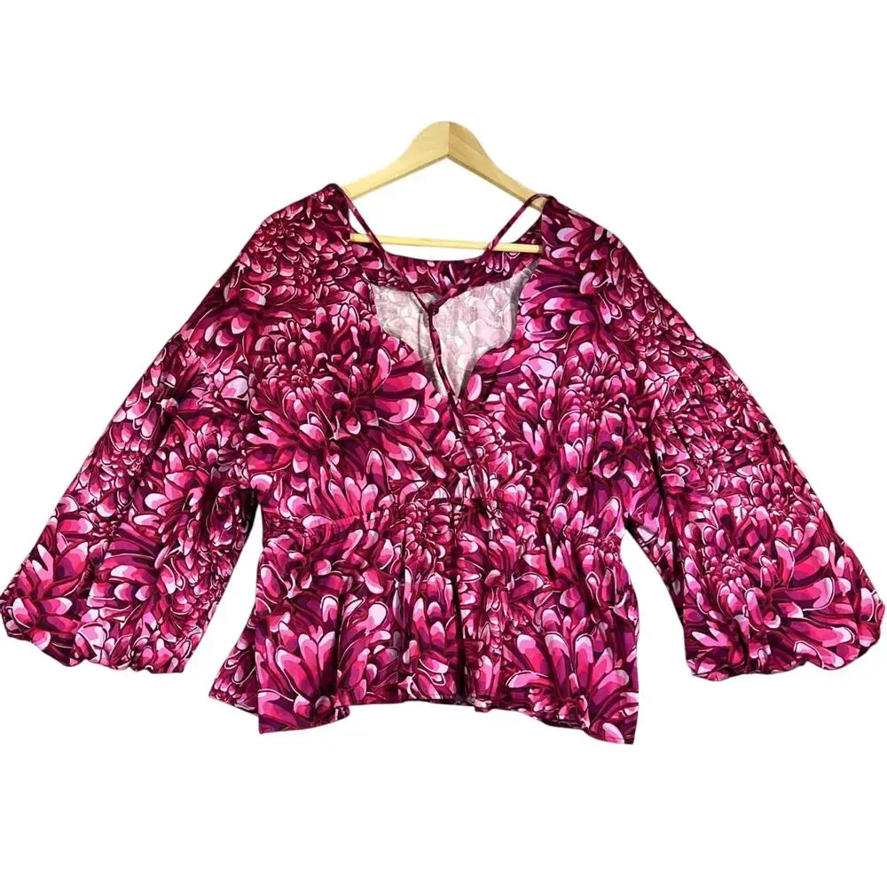 Kika Vargas x Target Blouse XL Pink Floral Bishop Puff Sleeves